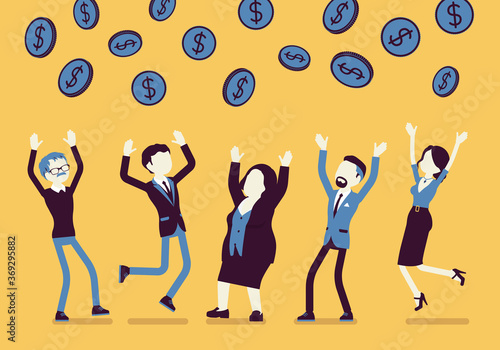 People catching dollar coins falling from sky. Helicopter money, easy dropping payments to individuals, help and government support in crisis, investment. Vector creative stylized illustration