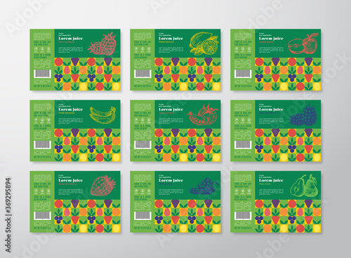 Pattern Juice Label Templates Collection. Abstract Vector Packaging Design Layouts Set. Modern Typography Banners with Hand Drawn Fruits, Berries and Vegetables Background.