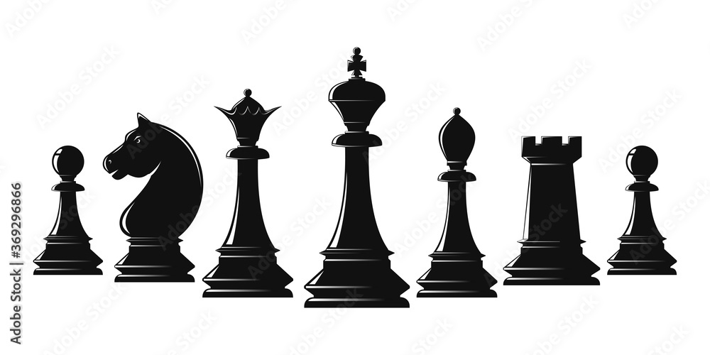 Set of black chess pieces. Chess piece icons. Board game. Vector  illustration isolated on white Stock Vector