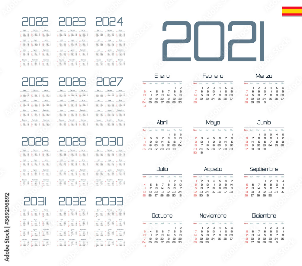Spanish calendar 2021 - 2033 on white background, week starts on Sunday Spanish calendar 2021 - 2033 on white background, week starts on Sunday