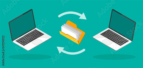 Download process. Uploading files to internet or computer. File transfer concept. Vector illustration.