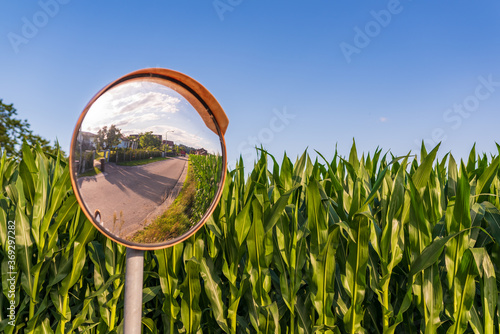 The traffic curve mirror in rural area due narrow road and poor visibility.