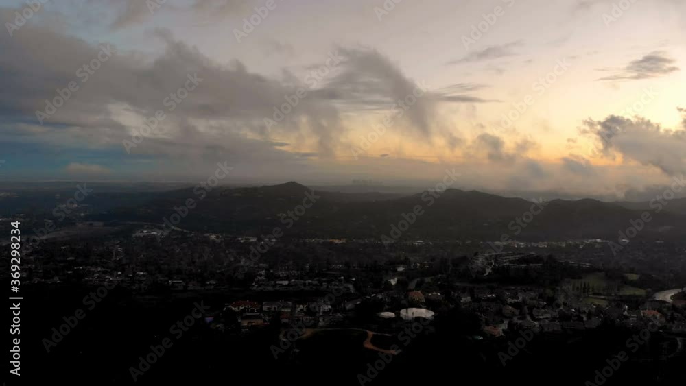 Aerial flyover into fog over city in Los Angeles, California Aerial flyover into fog over city in Los Angeles, California