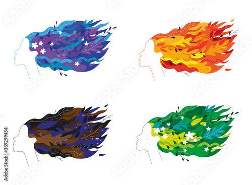 Graceful floral four girl heads faces profiles with flowing hair in the wind like four moods or seasons