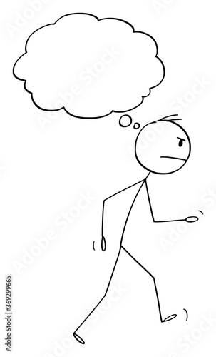 Vector cartoon stick figure drawing conceptual illustration of angry man walking away with empty thought bubble or balloon ready for your text.