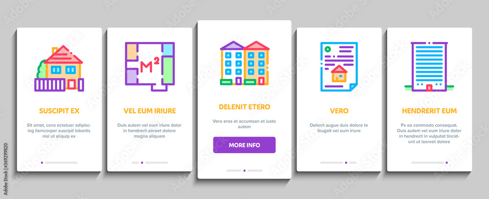Apartment Building Onboarding Mobile App Page Screen Vector. Apartment Floor Plan Architectural Project And House, Real Estate Agreement And Key Illustrations