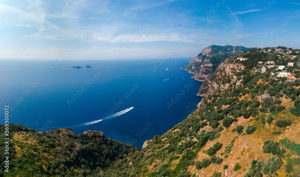 San Pietro viewpoint. the boat is moving. Beautiful road to Positano, Amalfi, Salerno. Aerial view Italy mountains, sea. Travel tour concept, Summer sunny day, Vacation. Nature. Copy space