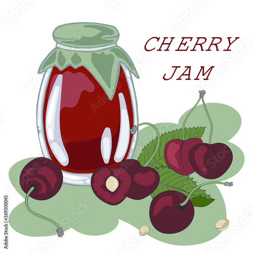 Jar of cherry jam, sour cherries, vector illustration