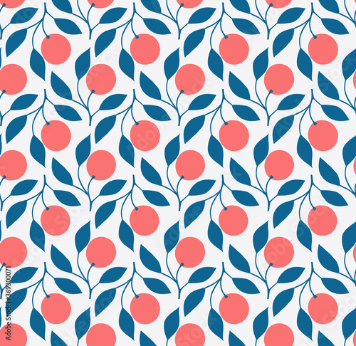 Motif of peach on branch with blue teal leaves in a wavy repeat. Retro style vector pattern