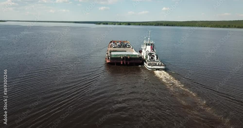 Ferry Ruskim Aerial view of a typical Russian ferry boat transport cars and people ...