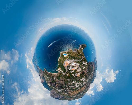 Aerial little planet view of Conca dei Marini,Tovere. Beautiful bay and famous resort near Amalfi, travel, tourism and vacation, Italy, Europe photo