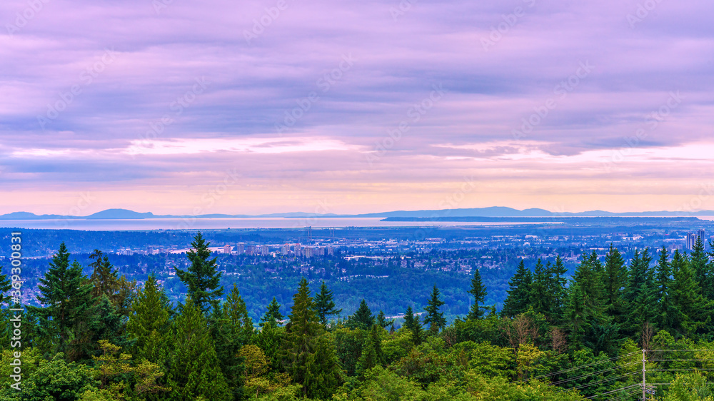 panoramic view over Fraser River and BC Delta to Straits of Georgia and Gulf Islands in distance