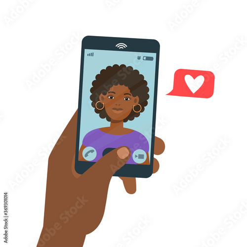 African man hand holding mobile phone, video call, conversation with girlfriend on screen . Face of girl on screen isolated. Vector flat illustration. Social relations on distance concept