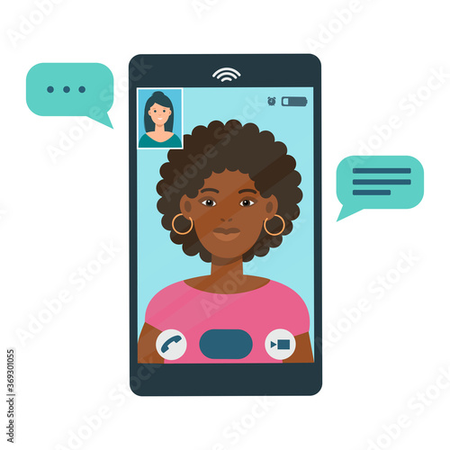 African man hand holding mobile phone, video call, conversation with girlfriend on screen . Face of girl on screen isolated. Vector flat illustration. Social relations on distance concept.