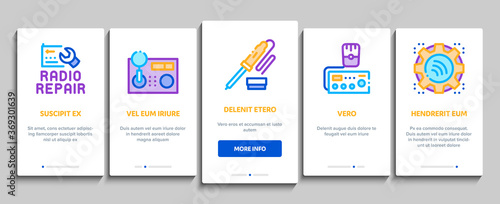 Radio Repair Service Onboarding Mobile App Page Screen Vector. Radio Repair Electronic And Mechanical Equipment Soldering Iron And Ammeter Illustrations