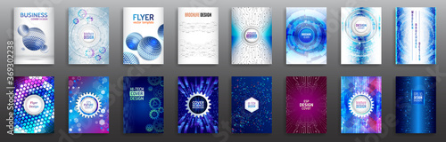 Set of Science and innovation hi-tech background. Flyer design of tech elements. Futuristic business cover layout. Technology modern brochure templates.
