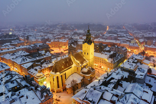 Gorgeus cityscape of winter Lviv city from top of town hall  Ukraine. Landscape photography