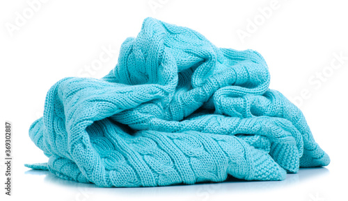 knitted mint green blanket on white background isolation, top view photo