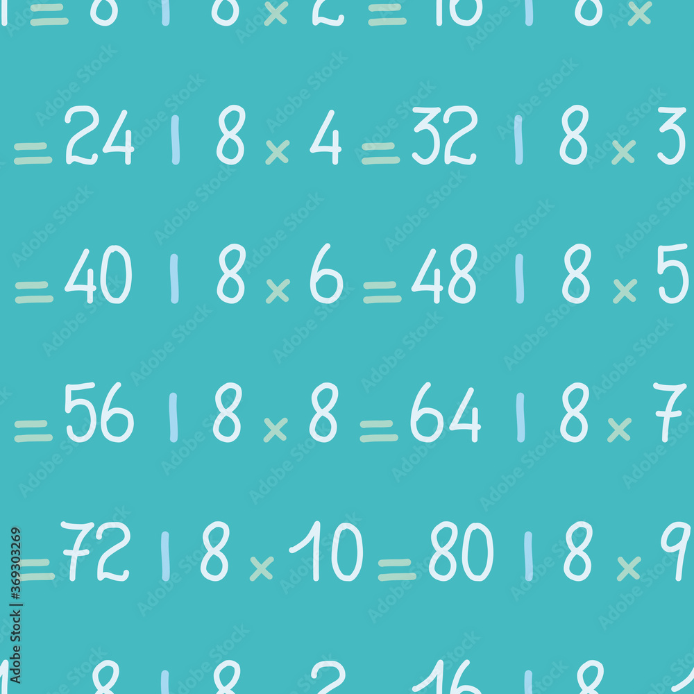Eight times table seamless repeatable pattern. Hand written math multiplication vector illustration background. Eight times table seamless repeatable pattern. Hand written math multiplication vector illustration background.