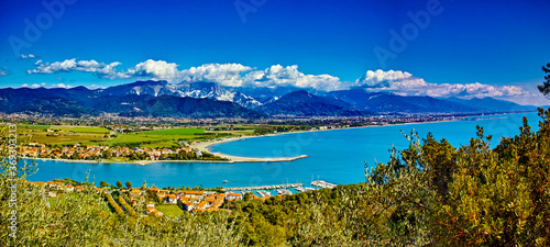 Fototapeta Naklejka Na Ścianę i Meble -  Panorama on Fiumaretta and Bocca di Magra from Montemarcello Liguria Italy in the background the Apuan Alps