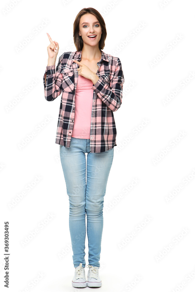 Beautiful young woman pointing by fingers isolated on white background Beautiful young woman pointing by fingers isolated on white background