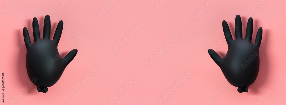 Fototapeta premium Inflated black medical gloves on a pink background. Banner. Prevention of coronavirus, covid-19. Minimal healthcare concept.