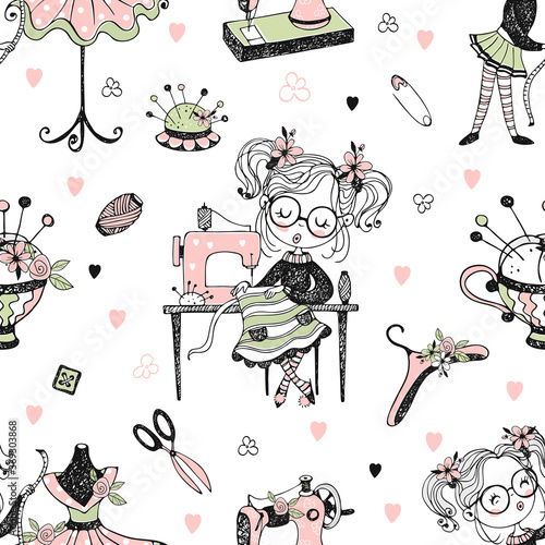 Cute girl seamstress sews on a sewing machine dress. Doodle style. Vector