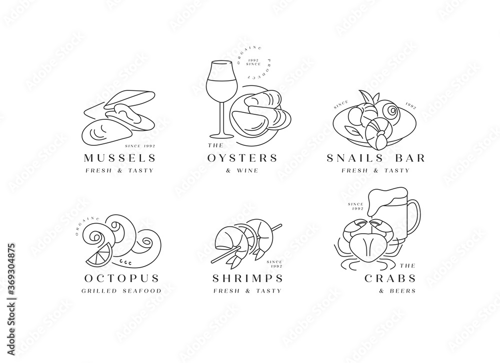 Vector set template logos and icons for seafood products- octopus, srimps, mussels, snails, crabs, oysters. Emblems for restaurant and cafe.