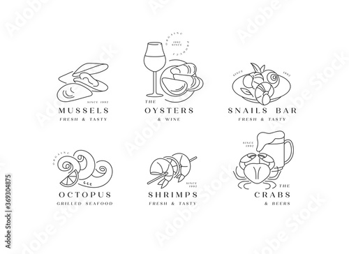 Vector set template logos and icons for seafood products- octopus, srimps, mussels, snails, crabs, oysters. Emblems for restaurant and cafe.