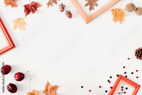 Autumn creative composition. Frame made of dry leaves, flowers, pine cone, berries on white background. Fall concept. Autumn background. Flat lay, top view, copy space