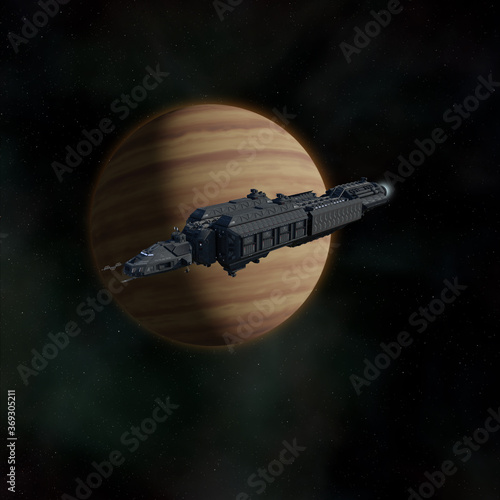 Science fiction illustration of a starship passing gas giant alien planet in outer space, 3d digitally rendered illustration