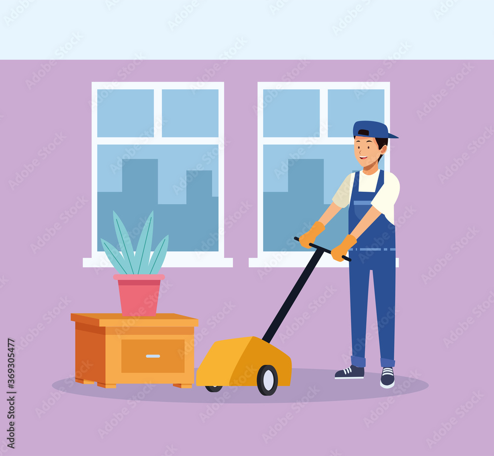 housekeeping male worker with floor shine machine housekeeping male worker with floor shine machine
