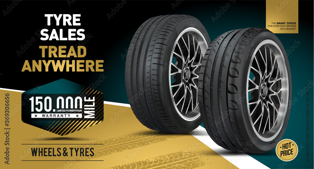 Car tire background. Vector automotive banner template. Grunge tire