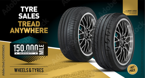 Car tire background. Vector automotive banner template. Grunge tire tracks backgrounds for landscape poster, digital banner, flyer, booklet, brochure and web design. Tire texture close up.
