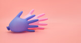 A pair of colorful surgical inflated gloves on a pink background. Protection and prevention against coronavirus, covid-19.