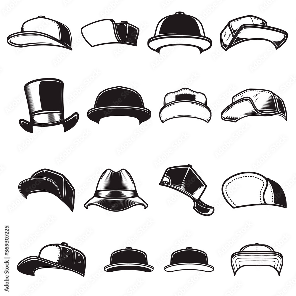 Set of illustrations of baseball caps. Design element for logo, emblem ...