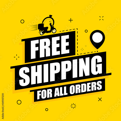 Free shipping on a yellow background with a scooter. Free shipping on all orders vector text background for businesses, online store, online retail, companies, promotion. Vector illustration.