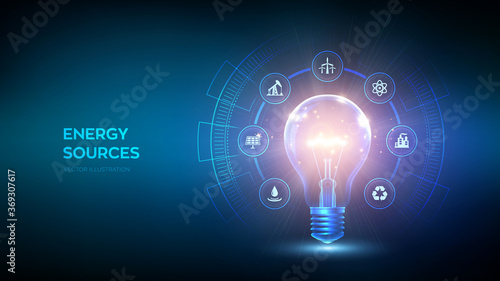 Glowing light bulb with energy resources icon. Electricity and energy saving concept. Energy sources. Campaigning for ecological friendly and sustainable environment. Vector illustration.