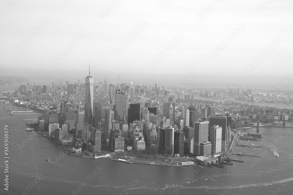 Aerial view of the New Big Apple, New York City (NYC), Manhattan, in Black and white, monochrome, USA, America.