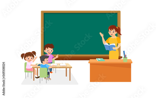 Little studens and teacher learning in the classroom. Concept vector illustration for education and back to school