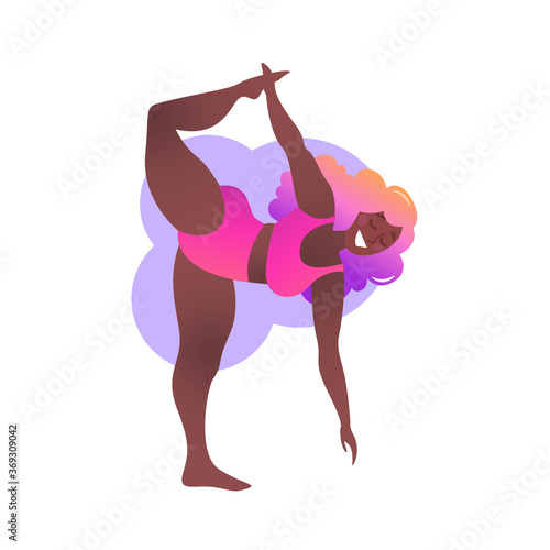 Plus size black curvy lady doing yoga class. Vector illustration isolated on white. Online home workout concept. Body positive. Attractive African American woman. Natarajasana or Lord of Dance Pose.