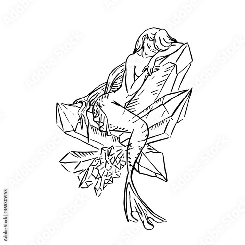 Vector illustration of mermaid sleeping on magic quartz crystal
