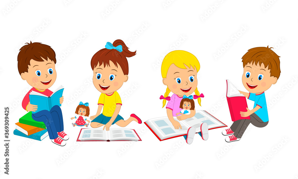 kids,boys and girls sit on the floor and read book,illustration,vector