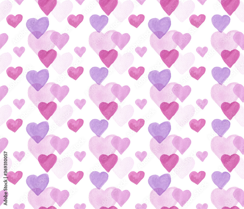 Vector Watercolor hearts Seamless pattern for  Valentine Day. Watercolour Hand Drawn Endless Ornament for Romantic Wallpaper or Wrapping Paper and Textile Design. Pink Purple and Violet pastels.