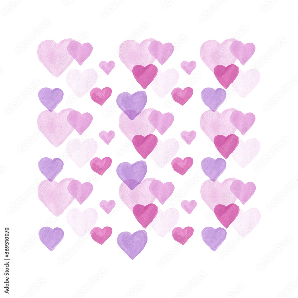 Vector Watercolor hearts on Valentine Day Card Template. Watercolour Hand Drawn Background for Romantic Design. Pink Purple and Violet flying hearts Illustration Isolated on White.