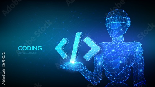 Programming code icon. Abstract 3d robot holding programming code symbol in hand. Coding or Hacker background. Automation software technology process system. Development concept. Vector Illustration.