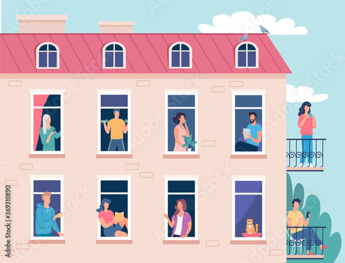 Different people neighbors spending time at home in a nice comfort house