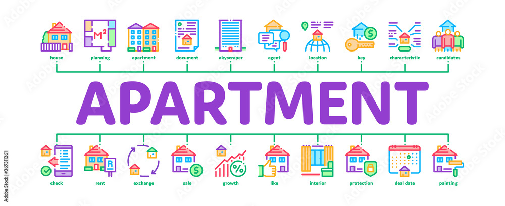 Apartment Building Minimal Infographic Web Banner Vector. Apartment Floor Plan Architectural Project And House, Real Estate Agreement And Key Illustration Apartment Building Minimal Infographic Web Banner Vector. Apartment Floor Plan Architectural Project And House, Real Estate Agreement And Key Illustration