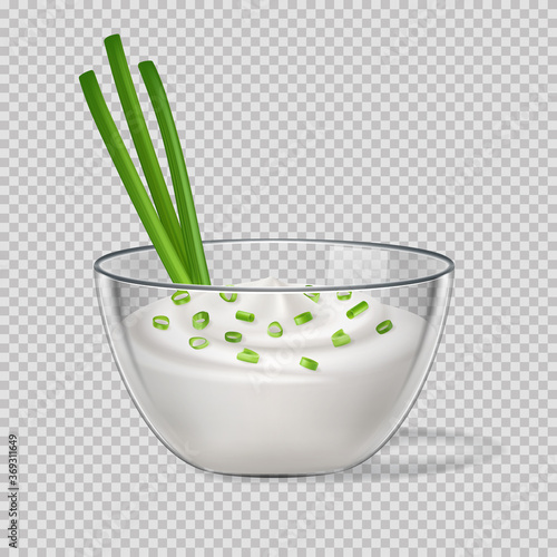 White cream in glass bowl, yogurt, mayonnaise or sour cream, vector dairy products, element for design and packaging.