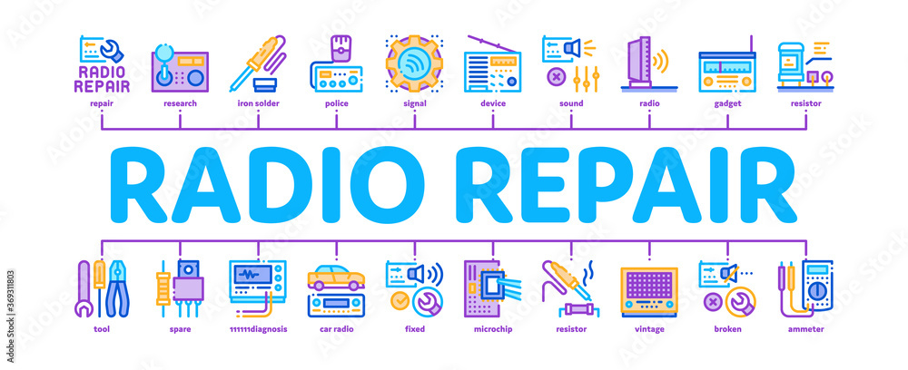 Radio Repair Service Minimal Infographic Web Banner Vector. Radio Repair Electronic And Mechanical Equipment Soldering Iron And Ammeter Illustration